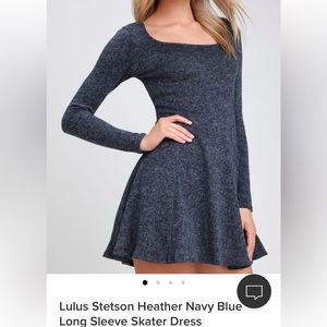 Lulus Stetson Heather Navy Blue Long Sleeve Skater Dress